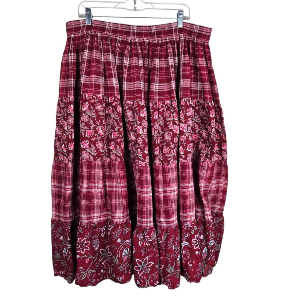 Bobbie Brooks Broom Skirt Sz M Red Cream Plaid Floral Tiered Cottagecore Boho